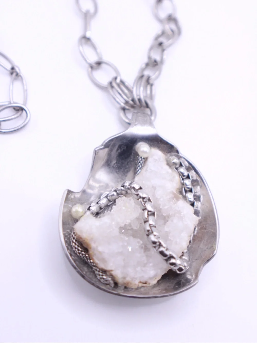 Artisan made Silver spoon Druzy Pendant Necklace 24”